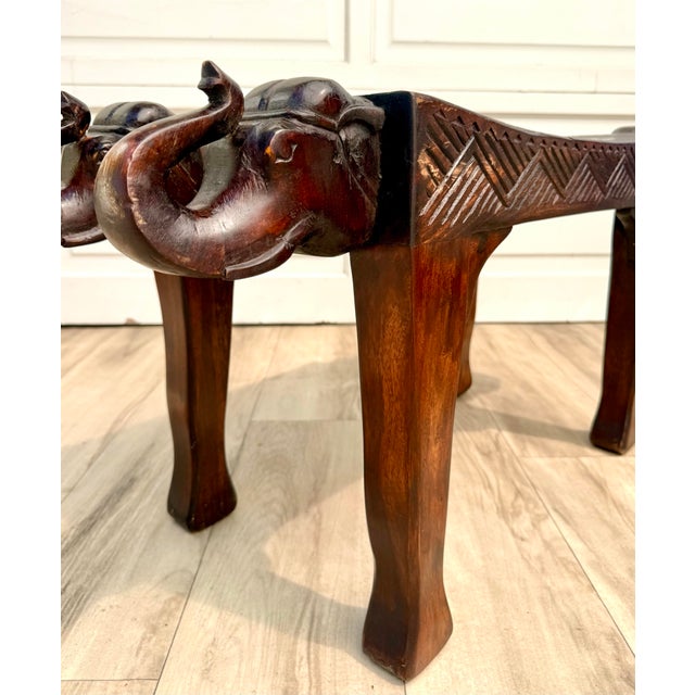 Vintage Indian Hand-Carved Solid Wood Elephant Bench For Sale - Image 9 of 12