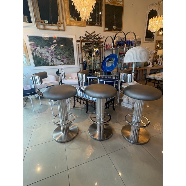 1980s Design for Leisure LTD Set of 3 Bar Stools Fluted Chrome Steel Swivel For Sale - Image 5 of 12