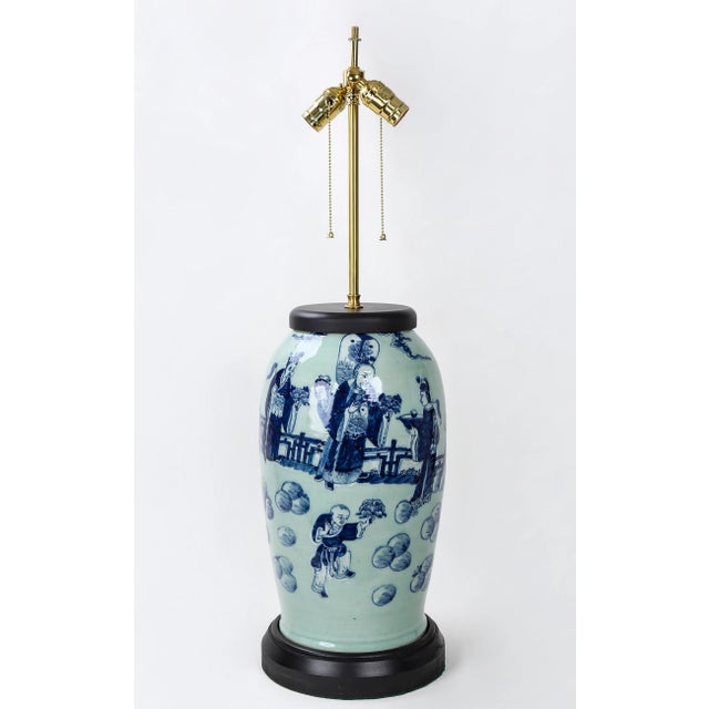 Vintage Celadon Hand-Painted Porcelain Table Lamp For Sale In New York - Image 6 of 8