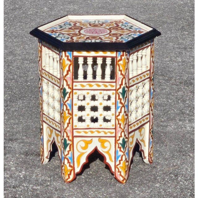 2020s Hand-Painted Moroccan-Style Hexagonal Side Table, Musharabi Beige For Sale - Image 5 of 6