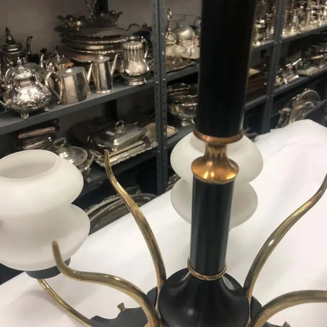 1950s Italian Mid-Century Modern Brass Ebonized Wood and White Glass Chandelier For Sale - Image 10 of 13