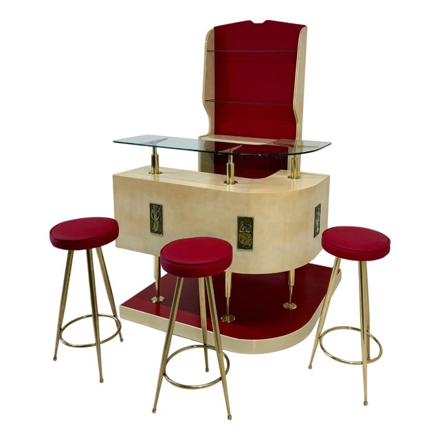 Vintage Art Deco Italian Bar and Stools in Parchment attributed to Gio Ponti, 1950s, Set of 4 For Sale