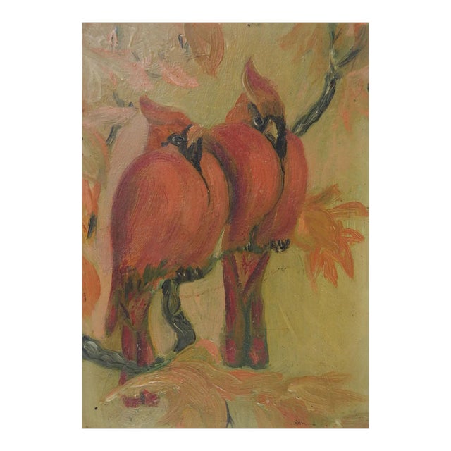 Small Vintage Cardinal Red Bird Painting For Sale