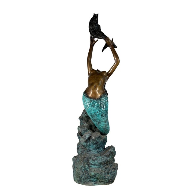 Verdigris Large Bronze Mermaid and Fish Fountain Sculpture - 62"h For Sale - Image 8 of 9
