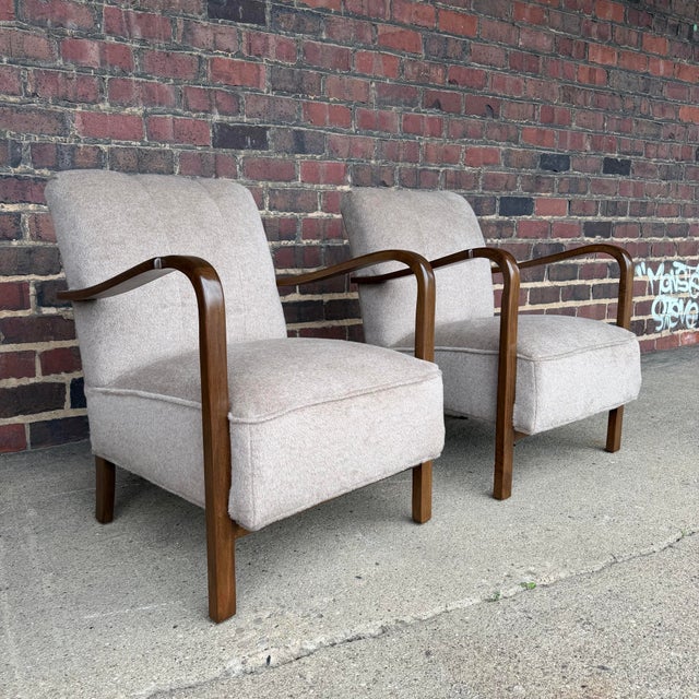 Pair of Restored European Modern Lounge Chairs in Teddy Mohair Style Fabric For Sale - Image 4 of 12