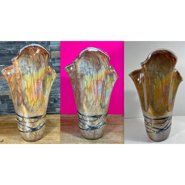 Iridescent Art Glass Gold Tan Handkerchief Vase For Sale - Image 10 of 12