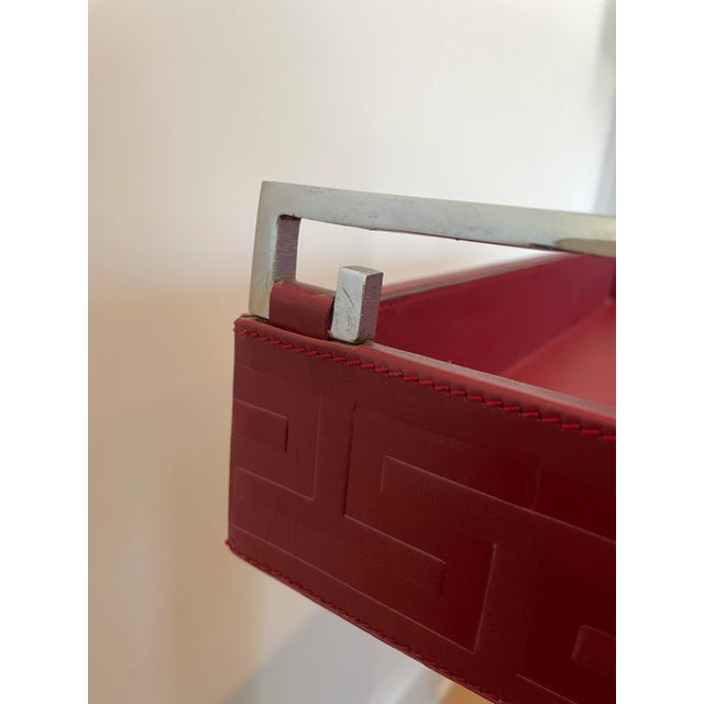 2000s Global Views Red Leather Embossed Tray With Metal Handles For Sale - Image 9 of 11