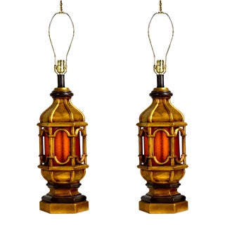 Contemporary Moroccan Style Gilt Lanterns With Faux Glass in Amber - a Pair For Sale