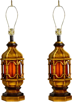 Contemporary Moroccan Style Gilt Lanterns With Faux Glass in Amber - a Pair