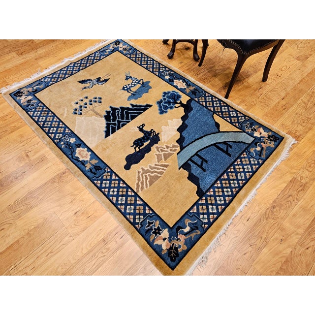 Vintage Chinese Art Deco Pictorial Rug, Hand-Knotted Wool, Early 1900s, 5' x 7' For Sale In Chicago - Image 6 of 15
