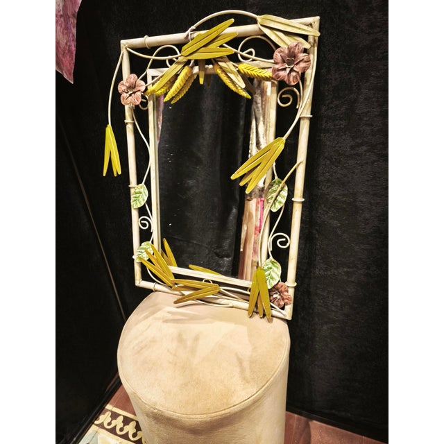 1970s Mid-Century Modern Italian Faux Bamboo and Floral Metal Wall Mirror, 1970s For Sale - Image 5 of 6