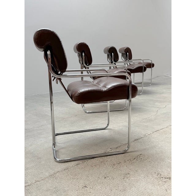 Tucroma Chairs in Brown Leather and Chrome by Guido Faleschini for I4 Mariani, Italy, 1970s, Set of 4 For Sale - Image 3 of 18