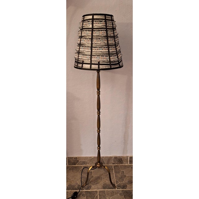 Mid-Century Floor Lamp with Brass Base and Fabric Shade from Lamplove, 1950s, in Very Good conditions. Designed 1950 to...