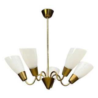 1940s Itsu, Finnish Modern, Chandelier, Brass, Glass For Sale