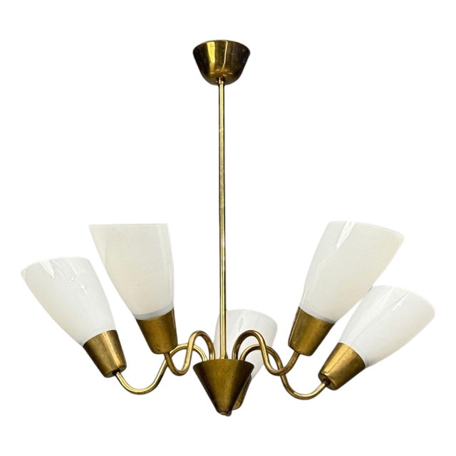1940s Itsu, Finnish Modern, Chandelier, Brass, Glass For Sale