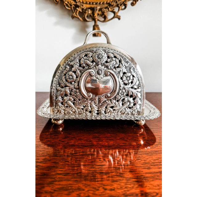 Exceptional and Rare Victorian English Silver Plate Cheese Dome & Tray With Repoussé Floral Decoration, Circa 1890 For Sale - Image 12 of 15