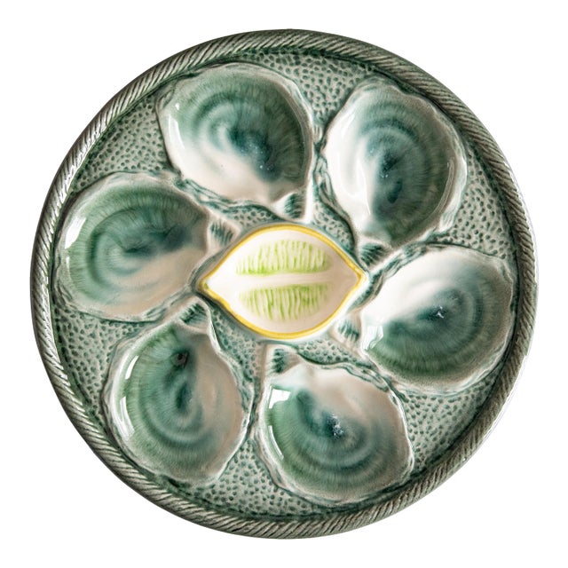 Antique French Saint Clément Majolica Blue Green & Yellow Lemon Wedge Oyster Plate For Sale
