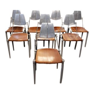 1980s Attributed to Robert Josten Aluminum and Cherry Postmodern Industrial Dining Chairs Set of 8 For Sale