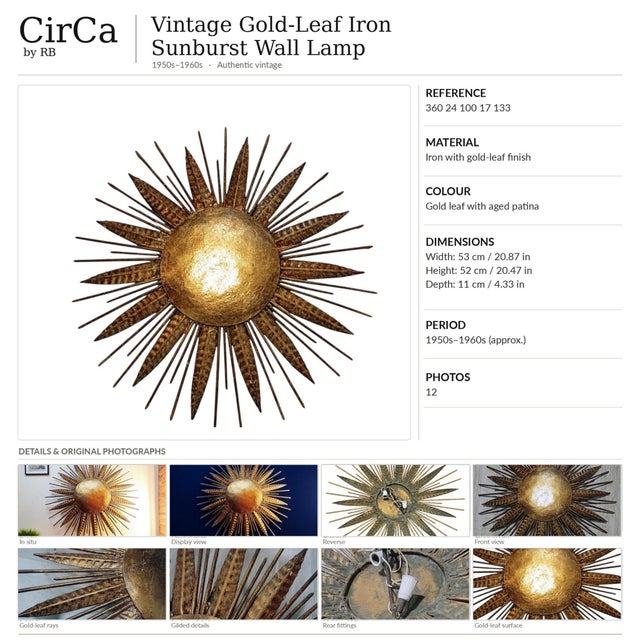 Vintage Gilt Sunburst Wall Light with Textured Dome, 1950s For Sale - Image 13 of 14