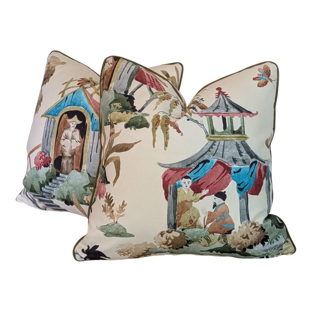 Brunschwig & Fils Luang Print Pillows in Meadow With Green Cord- Double Sided For Sale