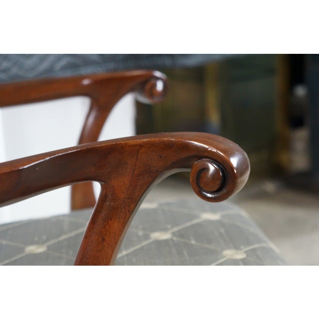 Wood 6 Late 20th Century Maitland Smith Chippendale Pierced Mahogany Dining Side Arm Chairs Silk Seats For Sale - Image 7 of 18
