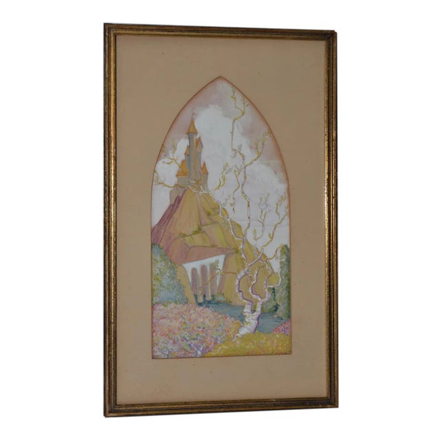 Fantasy Castle on a Hill Gouache Painting C.1920s For Sale