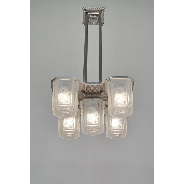 Metal Hettier & Vincent French Art Deco Chandelier 1930s - Geometric Glass & Nickeled Bronze For Sale - Image 7 of 13