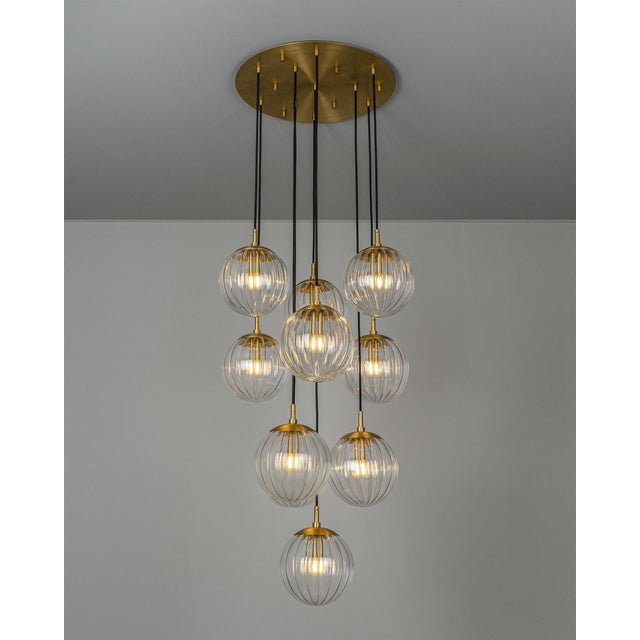 Brass & Glass Globe Cluster Chandelier, 10-Light Cascading Pendant by Schwung For Sale - Image 10 of 12
