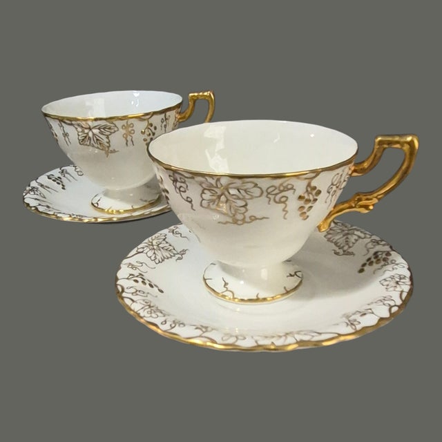 English Vintage Royal Crown Derby Fine Porcelain England "Vine" Gilded Four Cups & Saucers Tea Set - 8 pcs For Sale - Image 3 of 9