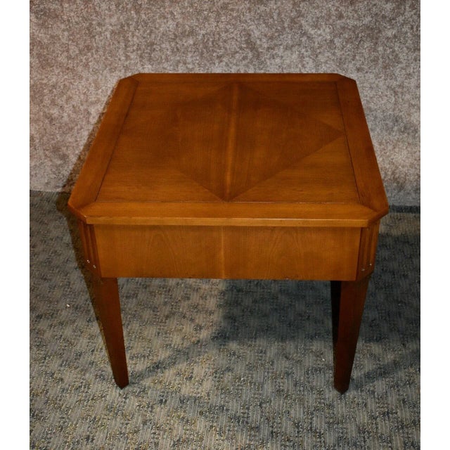 Brown Vintage Baker Square Mid Century Accent Table W/Diamond Inlaid Top & Drawer For Sale - Image 8 of 13