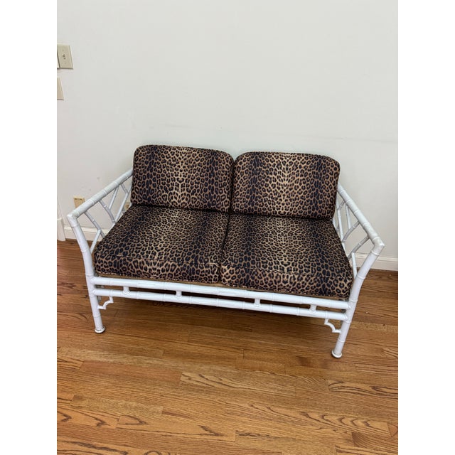 Mid 20th Century Vintage Faux Bamboo Iron Chinoiserie Loveseat Settee With Leopard Print Cushions For Sale - Image 4 of 12