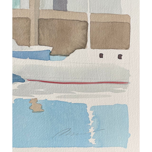 Large 1990s dock scene with sailboats, signed illegibly lower right. Watercolor on heavy paper. Combined shipping...