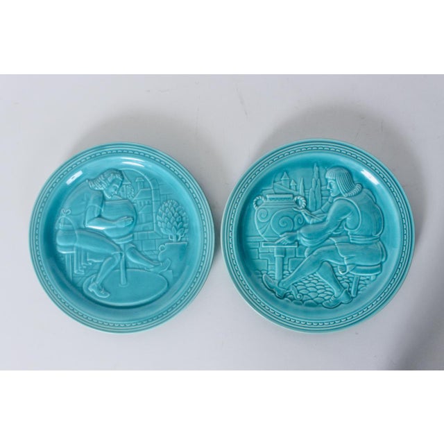 Art Deco Pair of 1939 World's Fair Capital & Labor Turquoise Souvenir Ceramic Plates For Sale - Image 3 of 12