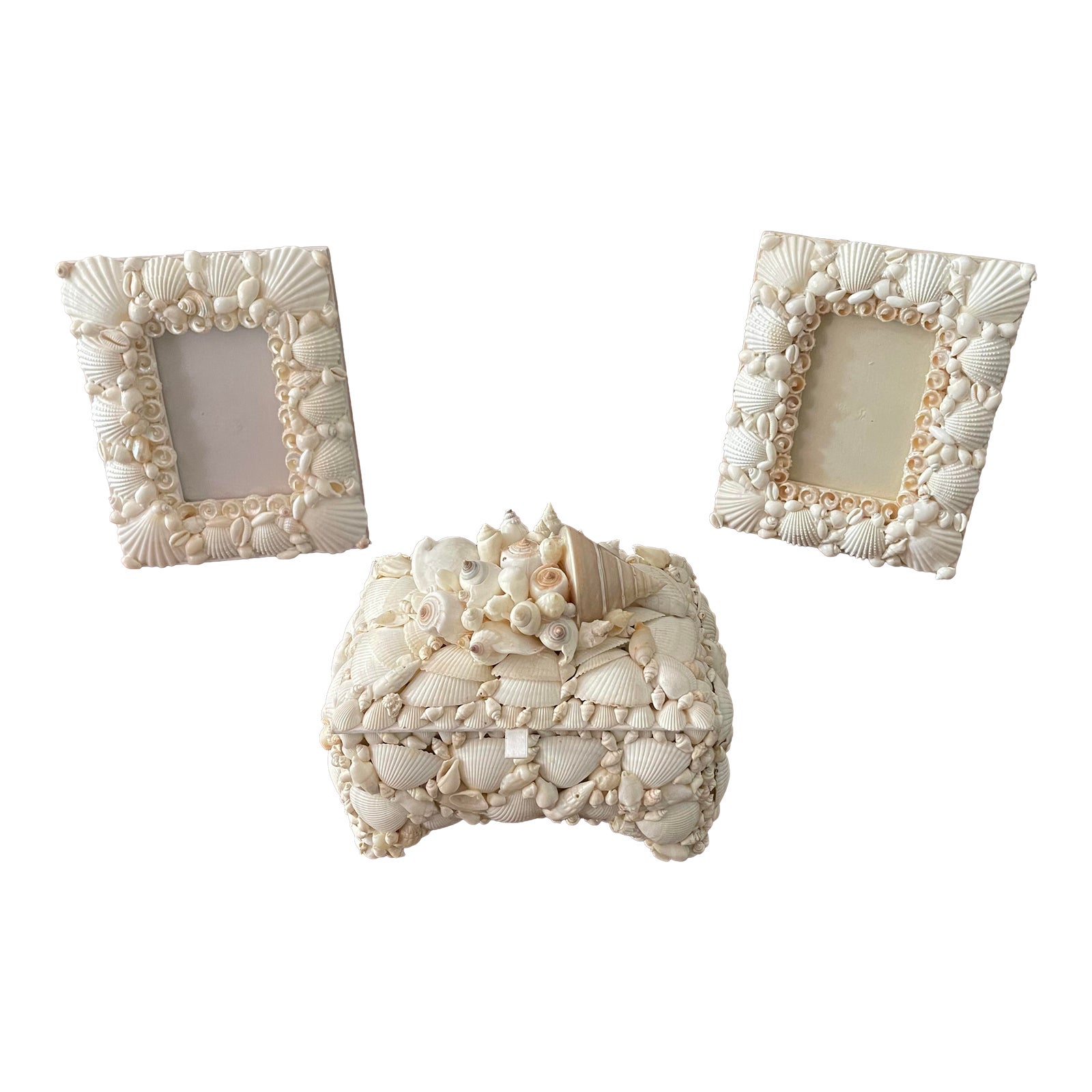 1990s White Wedding Shell His Hers Frames and Treasure Box 3 Pieces