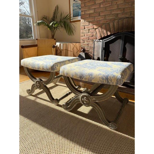 2000 - 2009 A Pair of Painted Campaign Style X-Base Ottomans Footstools in Butter Yellow and Blue Toile For Sale - Image 5 of 17