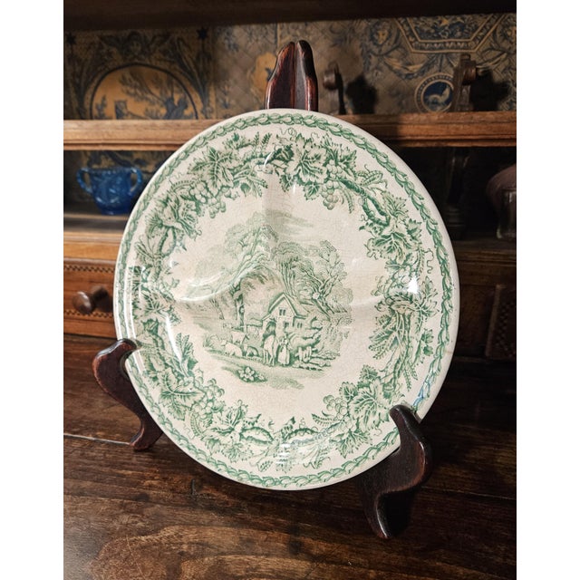 Booths, Cylon Ivory, Green Transferware divided Grill plate in the "British Scenery" pattern. The Green Transferware...