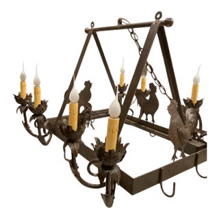 Vintage French Country Wrought Iron Rooster Chandelier With 6 Pot Hooks, 8-Light Hanging Fixture For Sale