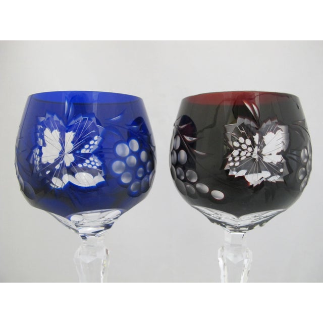 Blue Bohemian Cobalt Blue & Red Grape Cut Crystal 8 1/2" Hock Wine Glass Pair For Sale - Image 8 of 15