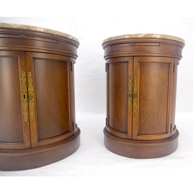 Wood Pair of Round Cylinder Shape Two Doors End Lamp Tables Stands Pull Out Trays For Sale - Image 7 of 18