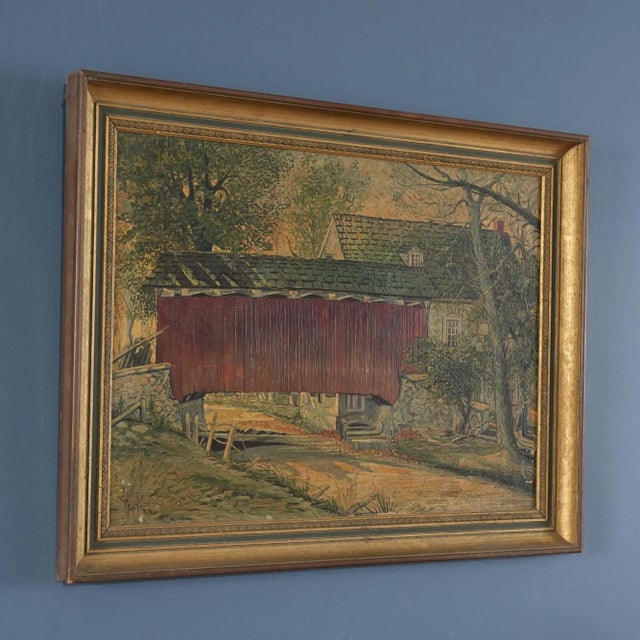 A very interesting and unusual Lancaster Covered Bridge Original Oil Painting by artist J. Earle Pfoutz. The painting is...