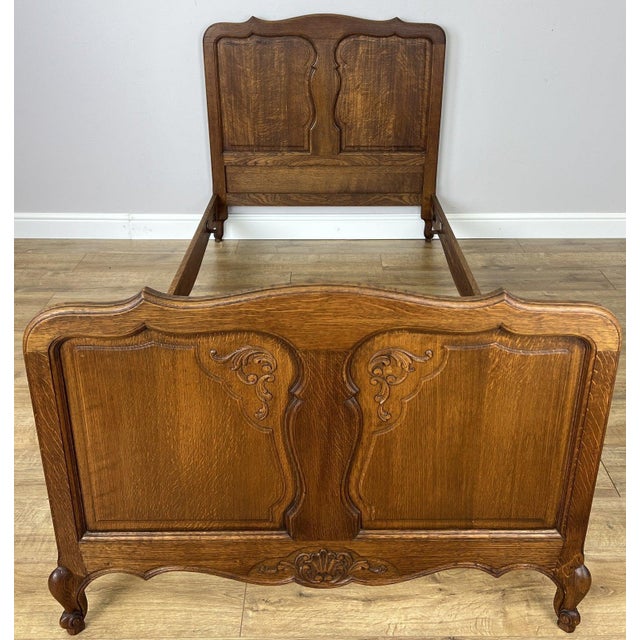 Vintage Louis XVI French Oak Single Bed Frame with Carved Headboard For Sale - Image 11 of 11
