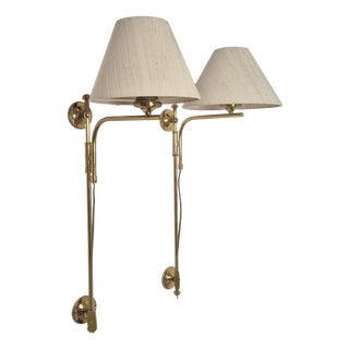 Adjustable Brass Wall Lamps with Linen Shades, 1980s, Set of 2 For Sale