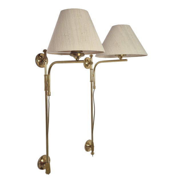 Adjustable Brass Wall Lamps with Linen Shades, 1980s, Set of 2 For Sale