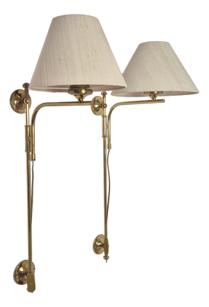 Adjustable Brass Wall Lamps with Linen Shades, 1980s, Set of 2