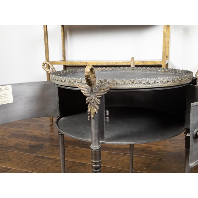 Pair of Trouvailles Metal and Brass Side Tables with Swan Necks and Doors For Sale - Image 9 of 11