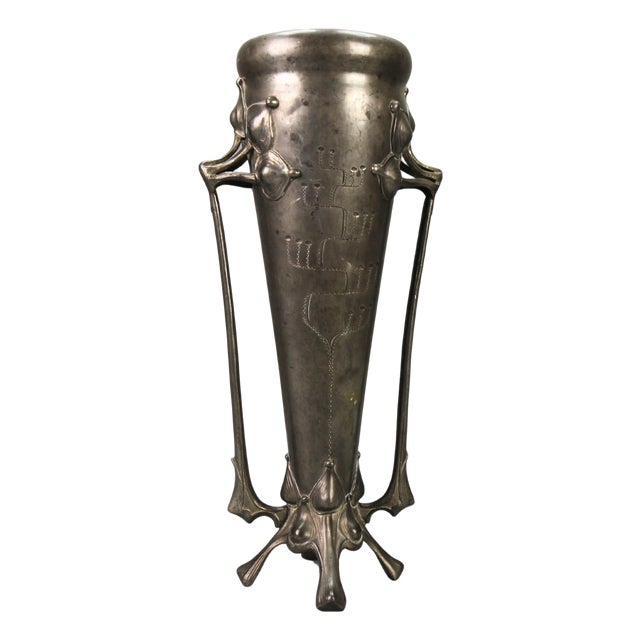 Art Nouveau Pewter Vase with Plant Motifs, Early 20th Century For Sale