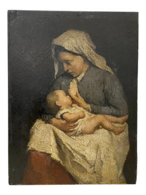 David Bautz (Dutch84-1955) Oil Portrait of a Young Mother and Child C.1920