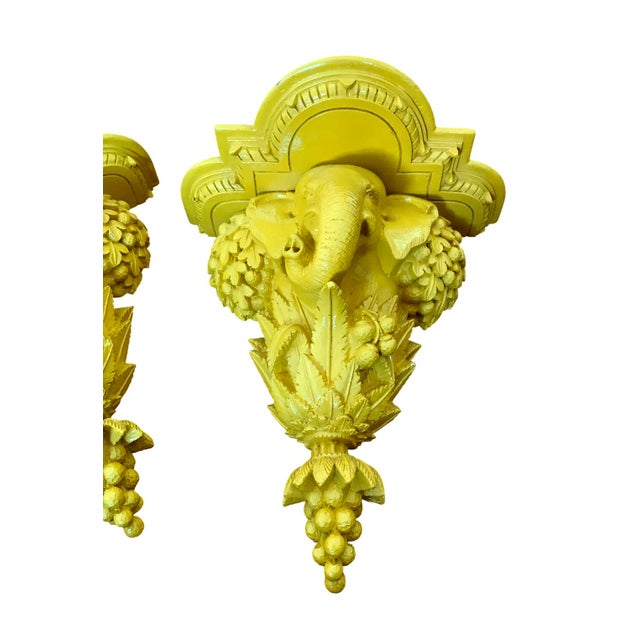 1970s 1970s Carved Wood Yellow Lacquer Elephant Wall brackets.A Pair For Sale - Image 5 of 6