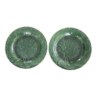 Antique English Majolica Green Leaf Plates- Set of 2 For Sale