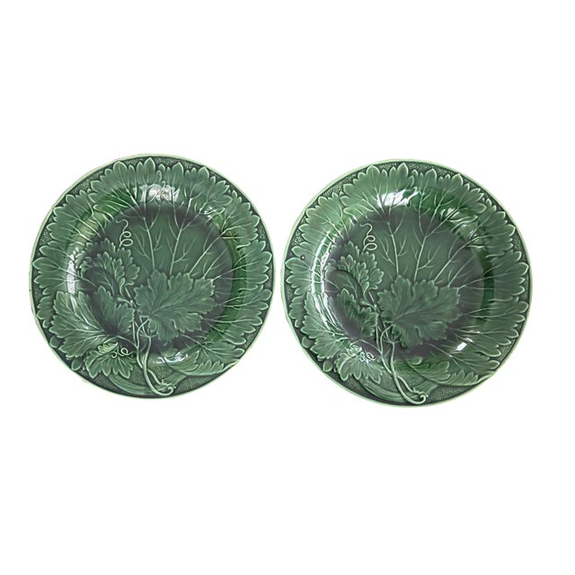 Antique English Majolica Green Leaf Plates- Set of 2 For Sale